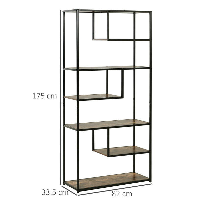 Industrial 6-Tier Staggered Wood Shelving Unit - Modern Bookcase and Display Rack for Living Room - Home Organization and Storage Solution