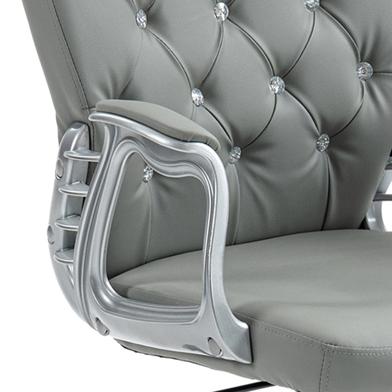 Ergonomic 360° Swivel Office Chair - PU Leather with Diamante Detailing & Padded Base, 5 Castor Wheels - Comfortable Seating Solution for Home and Office Workers, Grey