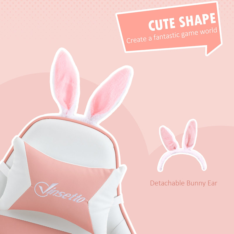 Racing-Style Gaming Chair with Removable Bunny Accents - Ergonomic PU Leather Recline, Headrest, Lumbar Support, and Extendable Footrest - Perfect for Gamers and Streamers with a Flair for Fun
