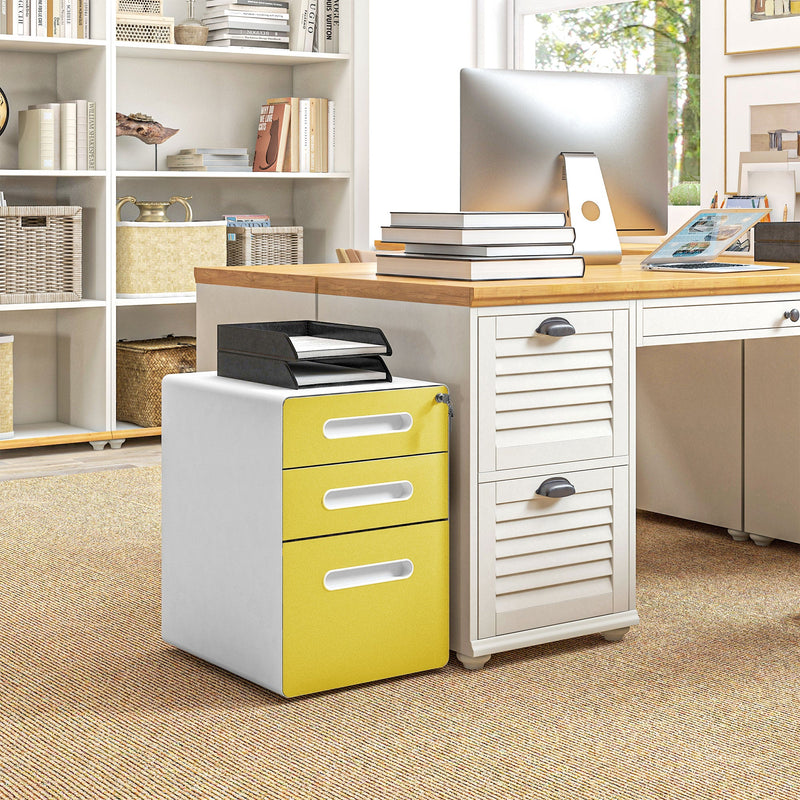 Vinsetto 3 Drawer Filing Cabinet, Steel Lockable File Cabinet with Lock and Wheels, for A4, Letter, Legal Sized Files, Yellow | Aosom UK