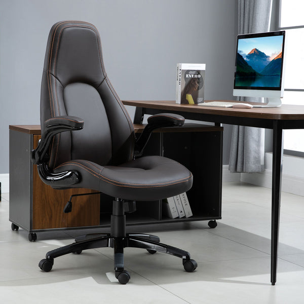 PU Leather Swivel Office Chair with Adjustable Height - Ergonomic Desk Chair with Flip-Up Armrests & Tilt Mechanism - Comfortable Seating for Home Office and Desk Work in Dark Brown