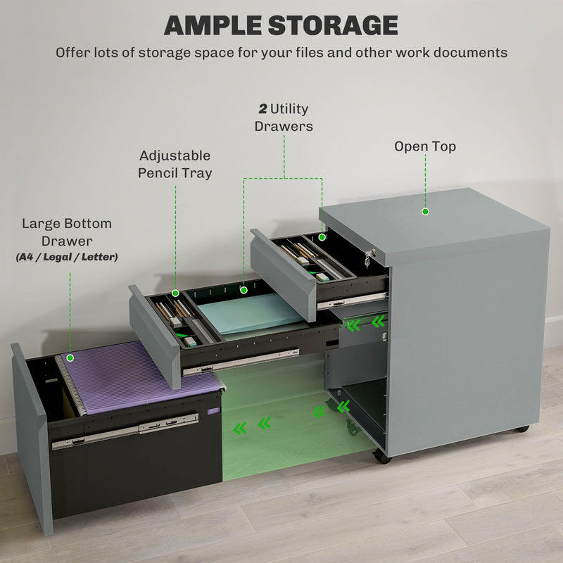 Vinsetto 3 Drawer Filling Cabinet, Mobile Metal File Cabinet with Anti-tilt Design for Letter, A4, Legal Size, Grey | Aosom UK