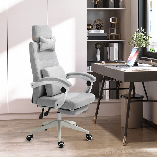 Adjustable Swivel Home Office Chair with Manual Footrest - Ergonomic Recliner Seat with Padding, Armrests, and 2 Pillows in Modern Grey - Ideal for Comfortable Working and Relaxation