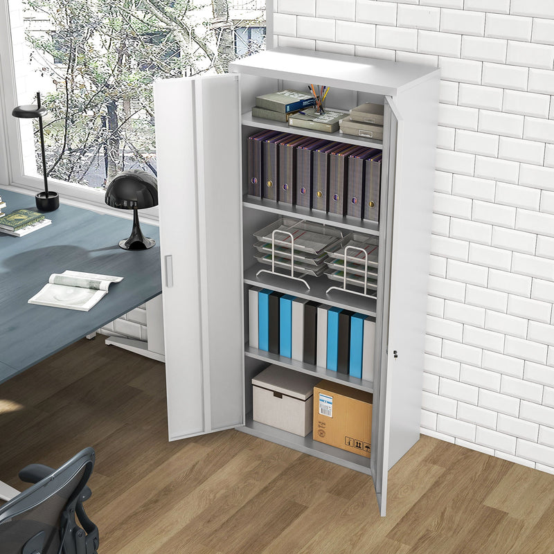 Lockable White Steel Cabinet with Five Shelves - Secure Storage Solution for Office - Ideal for Organizing Files and Supplies