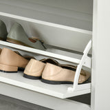 Slim White Tipping Shoe Cabinet - Entryway Storage Rack with Pull-Down Doors & Drawer, Adjustable Shelf - Space-Saving Organizer for Hallways and Small Areas