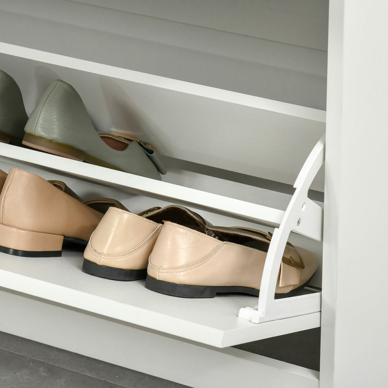 Slim White Tipping Shoe Cabinet - Entryway Storage Rack with Pull-Down Doors & Drawer, Adjustable Shelf - Space-Saving Organizer for Hallways and Small Areas
