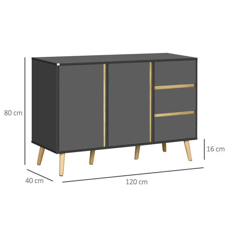 Modern Double-Door Sideboard with 3 Drawers - Adjustable Shelving, Dark Grey Kitchen Cupboard - Ideal for Living and Dining Room Storage Solutions