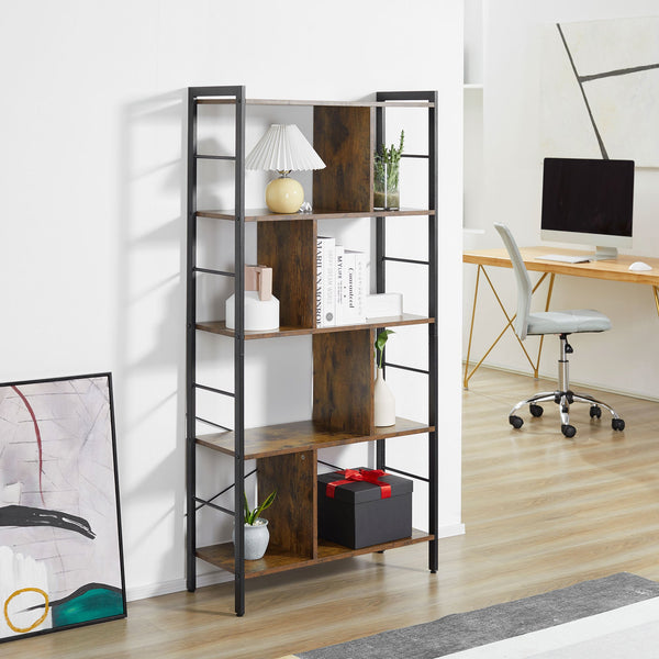 Industrial Storage Shelf - 5-Tier Metal Frame Bookcase & Display Rack in Rustic Brown - Ideal for Living Room, Study & Closet Organization