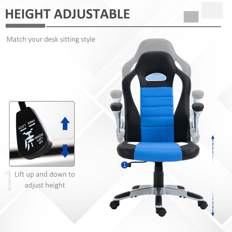 Ergonomic Racing Style Gaming Chair - PU Leather, Height Adjustable, Swivel, Tilt, Flip-Up Armrests in Blue - Comfortable Desk Chair for Gamers and Professionals
