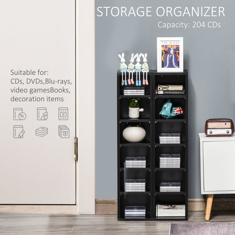 204 CD Tower Rack - Blu-Ray/DVD Media Storage Shelf with Adjustable Shelves - Organiser Set for Bookcase Display, Black