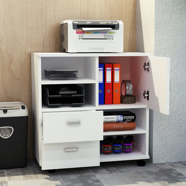 Mobile Storage Cabinet Sideboard - Cupboard with 4 Shelves, Drawers, and Lockable Wheels - Space-Saving Organizer for Home or Office