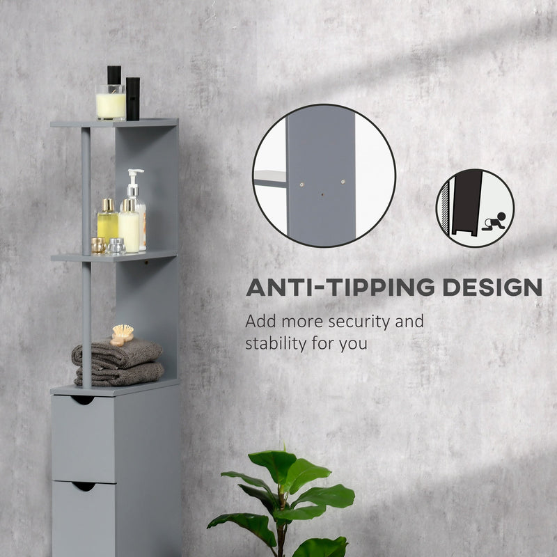 Freestanding Tall Bathroom Cabinet with 2-Tier Shelf and Drawers - Narrow Grey Cupboard Storage Unit - Space-Saving Organizer for Restroom or Laundry Room