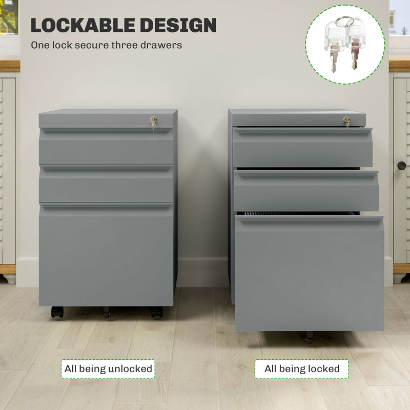 Vinsetto 3 Drawer Filling Cabinet, Mobile Metal File Cabinet with Anti-tilt Design for Letter, A4, Legal Size, Grey | Aosom UK