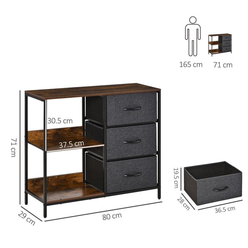 3-Tier Dresser Cabinet Organizer with Fabric Drawers - Versatile Storage for Living Room, Bedroom, Hallway - Chic Black Chest of Drawers with Display Shelves