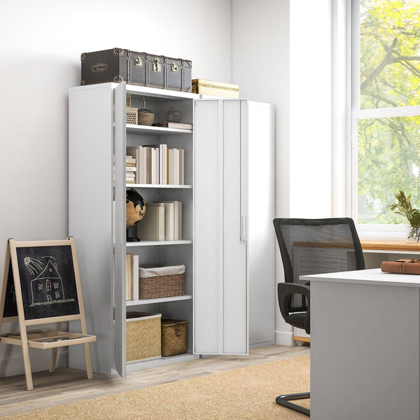 Lockable White Steel Cabinet with Five Shelves - Secure Storage Solution for Office - Ideal for Organizing Files and Supplies