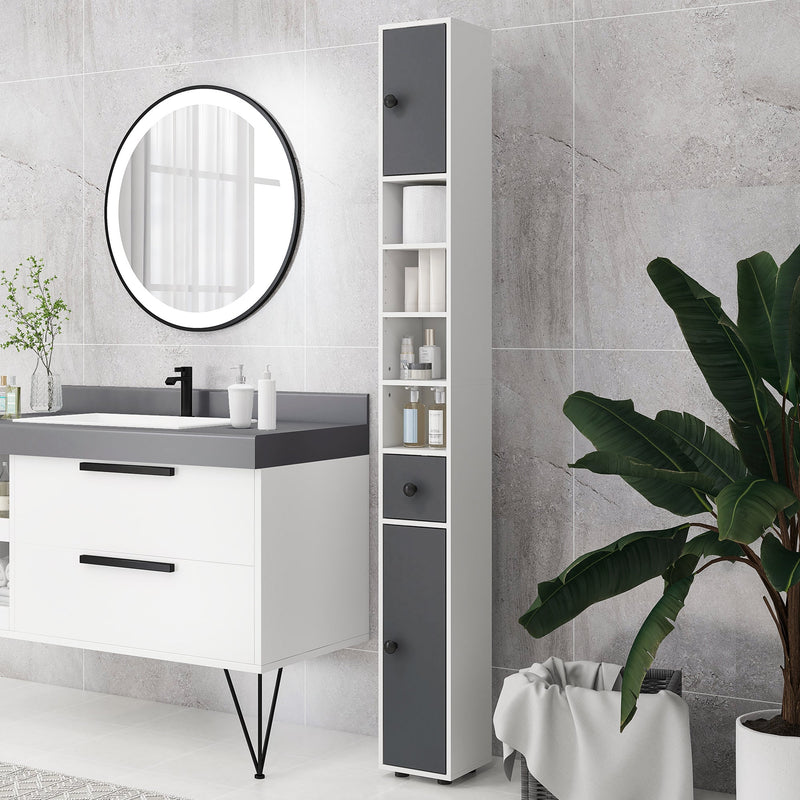 Tall Slim Bathroom Cabinet 180cm - Narrow Storage Unit with Open Shelves & Dual Door Cabinets, Adjustable Shelving - Ideal for Kitchen, Hallway, Living Room Organization in Grey