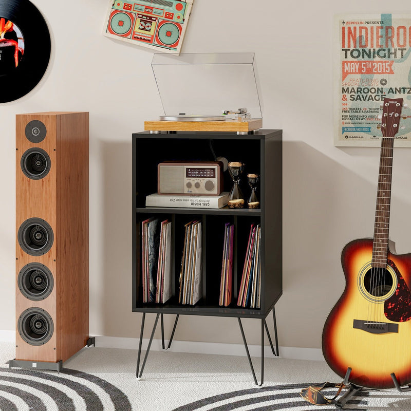 Record Player Stand - 3-Tier, Charging Station Shelf, 4 Dividers, Rustic Brown - Ideal Storage Solution for Vinyl Enthusiasts