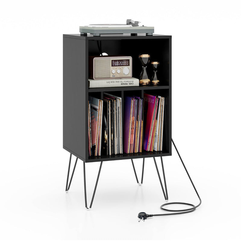 Record Player Stand - 3-Tier, Charging Station Shelf, 4 Dividers, Rustic Brown - Ideal Storage Solution for Vinyl Enthusiasts