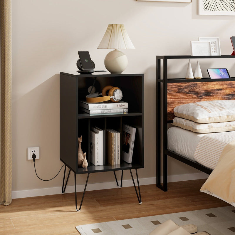 Record Player Stand - 3-Tier, Charging Station Shelf, 4 Dividers, Rustic Brown - Ideal Storage Solution for Vinyl Enthusiasts