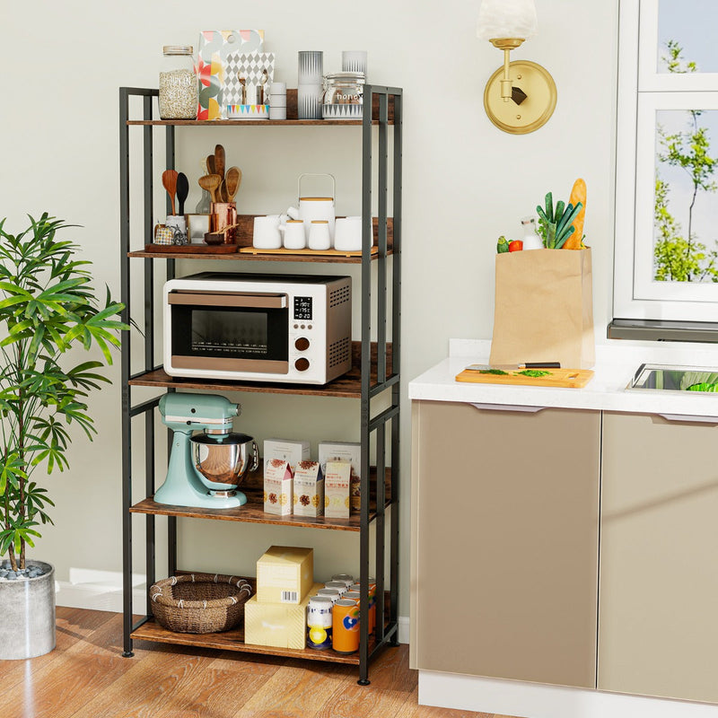 5-Tier 157cm Tall Etagere Bookcase with Adjustable and Tiltable Shelves-Rustic Brown