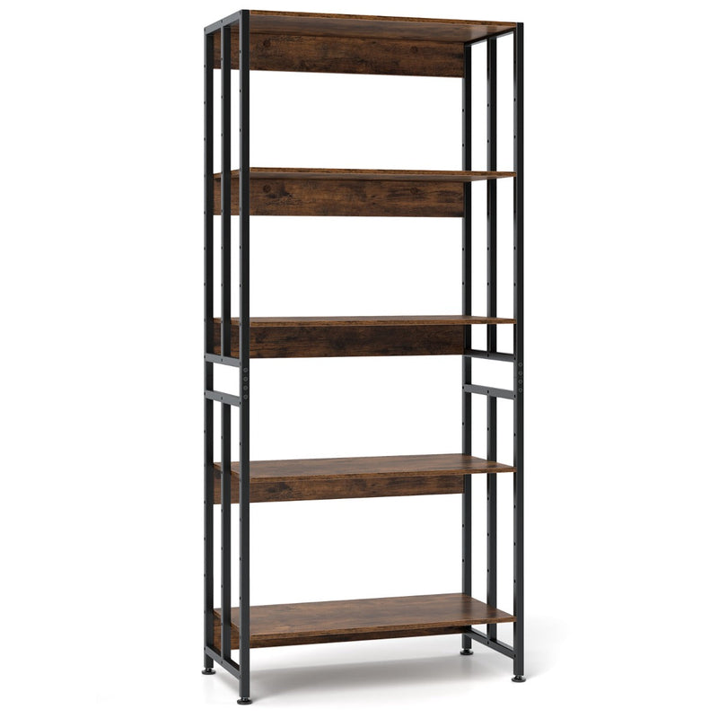 5-Tier 157cm Tall Etagere Bookcase with Adjustable and Tiltable Shelves-Rustic Brown