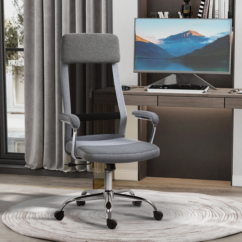 High-Back Linen-Feel Mesh Office Chair - Ergonomic Swivel Task Chair with Arms and Wheels - Comfortable Desk Seating for Home Office Use, Grey