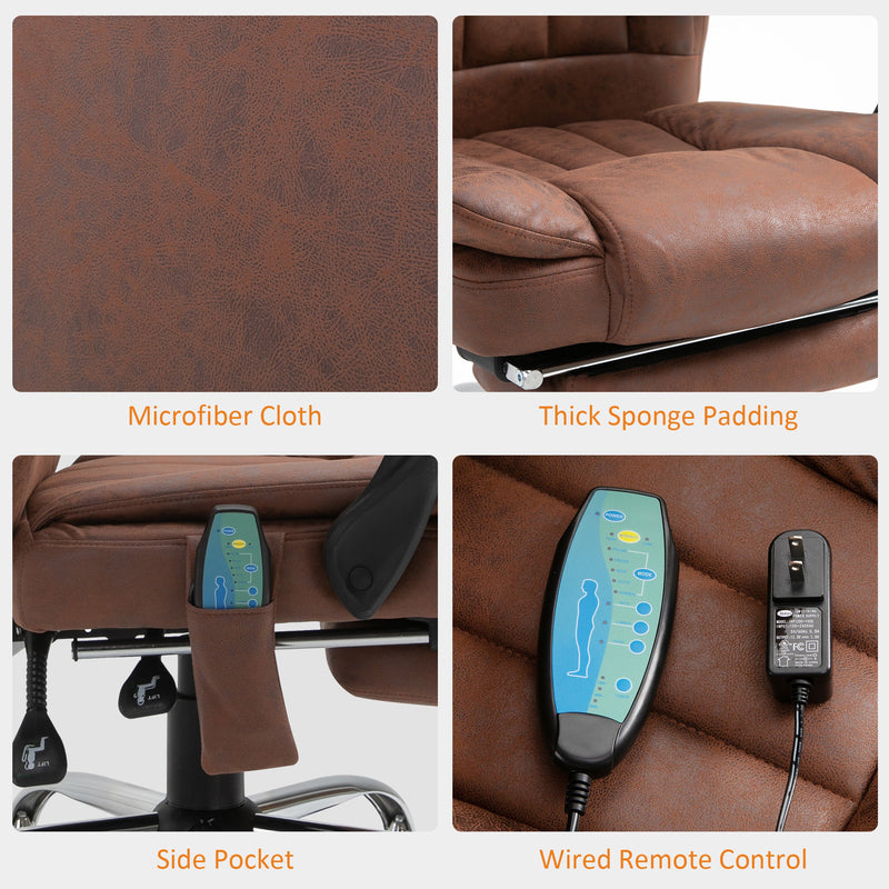 Heated Reclining Leathaire Fabric Computer Chair with Footrest - High Back Vibration Massage Office Chair in Brown - Comfort for Long Hours at Desk