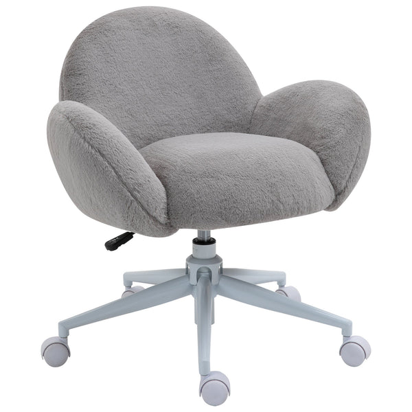 Fluffy Leisure Chair - Ergonomic Home Office Chair with Backrest, Armrests & Wheels - Comfortable Seating for Bedroom & Living Room, Grey