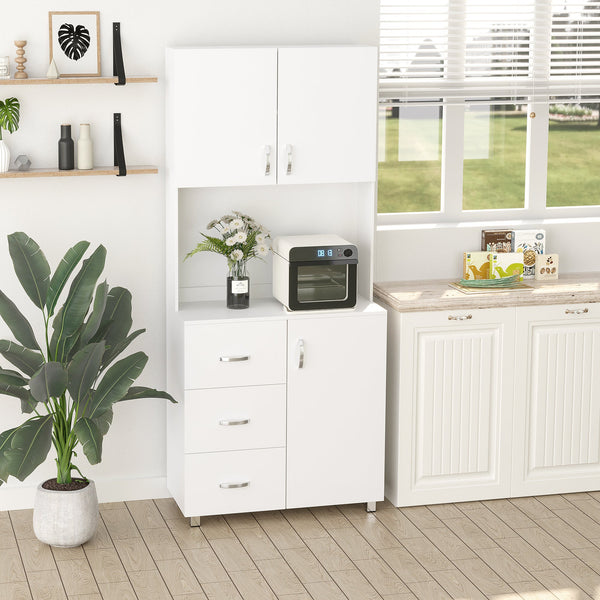 Freestanding White Kitchen Storage Cabinet - 2 Enclosed Shelves, 3 Drawers, 1 Open Compartment with Adjustable Height - Space-Saving Organizer for Home Cookware and Utensils