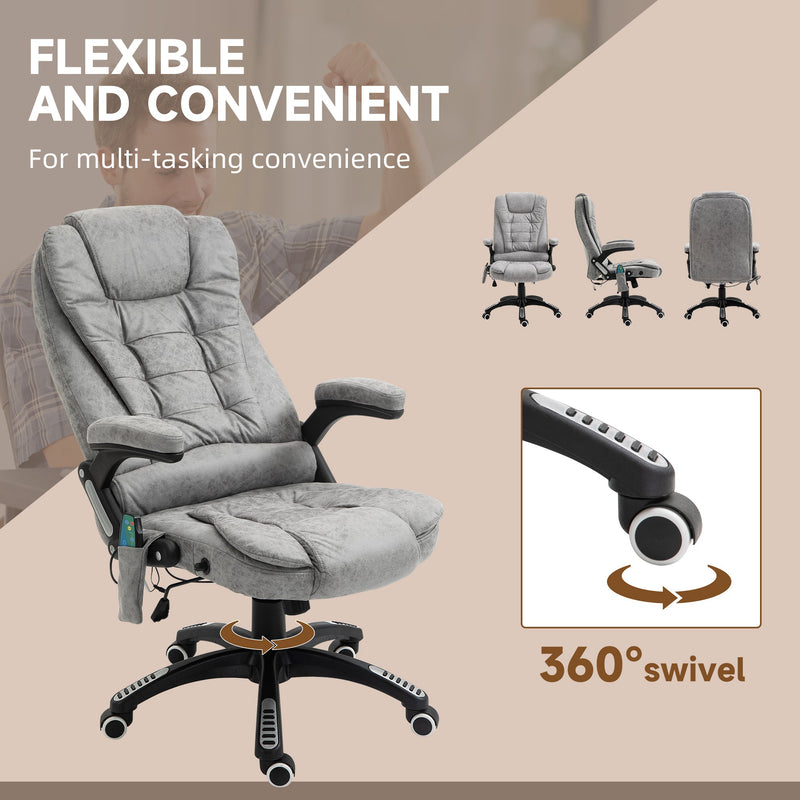 Heated Massage Recliner Chair with Microfiber Upholstery - 6-Point Vibrating Office Chair with 360° Swivel and Casters - Comfortable Seating Solution for Stress Relief and Relaxation, Grey