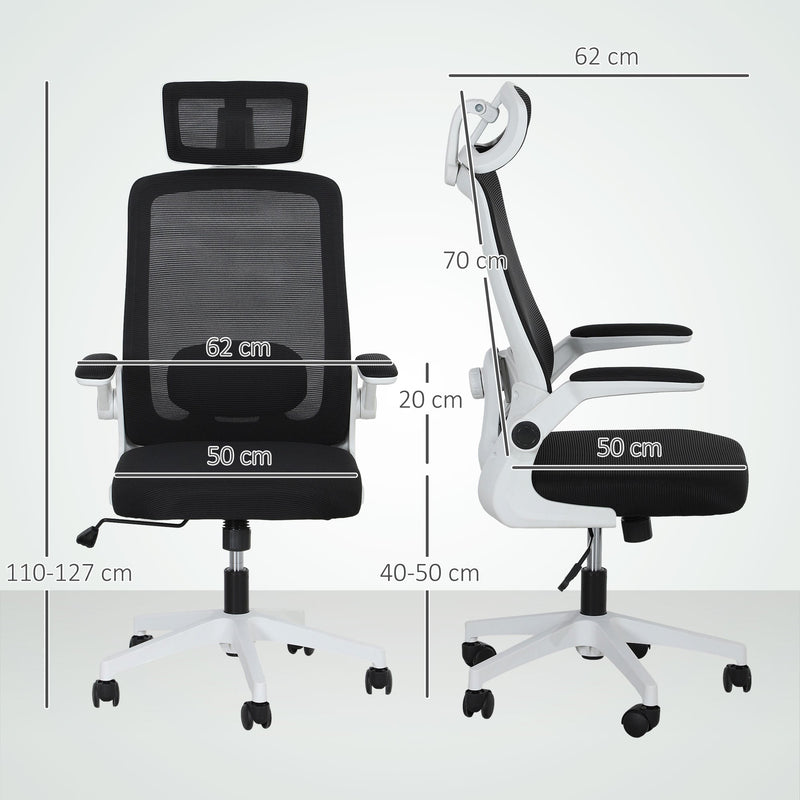 HOMCOM Executive Office Chair, Ergonomic Mesh High Back Desk Chair with Flip-up Armrest, Adjustable Lumbar Support, Rotatable Headrest, Swivel Computer Chair for Home Study, Black