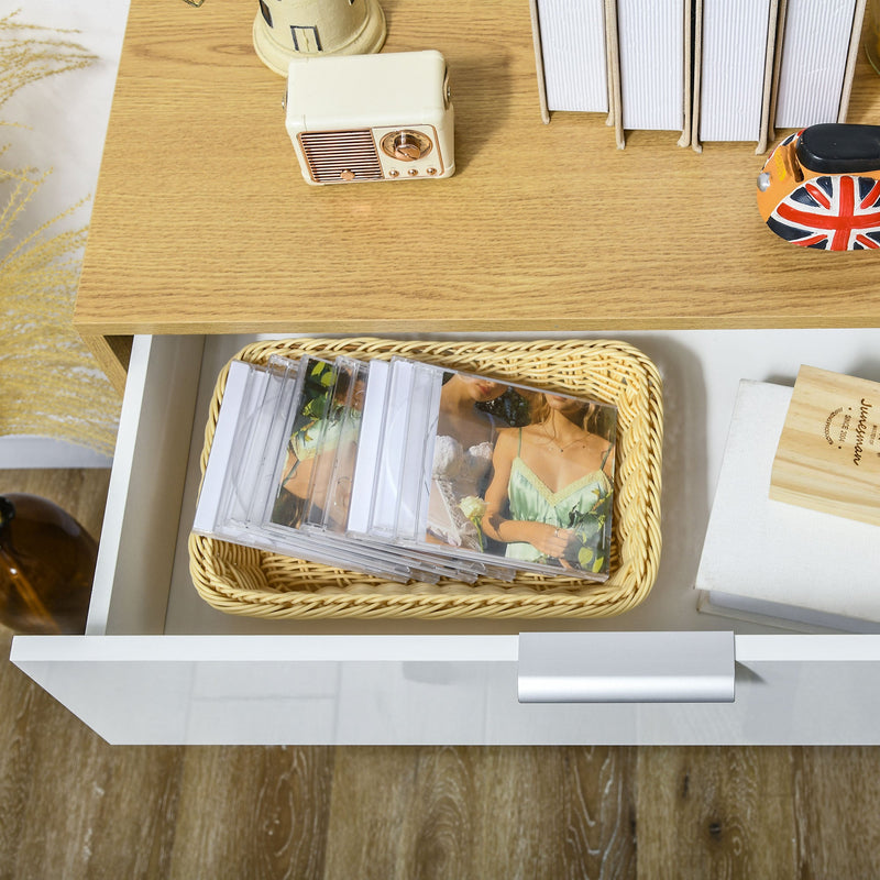 High Gloss White & Natural Sideboard - Sleek Storage Cabinet with Drawer, Door, and Adjustable Shelves - Ideal for Organizing Essentials in Style