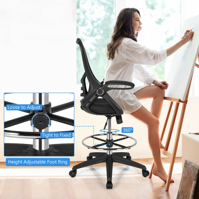 Mesh - Drafting Chair with Flip-up Armrests, Mid-Back Padding - Ideal for Designers and Architects