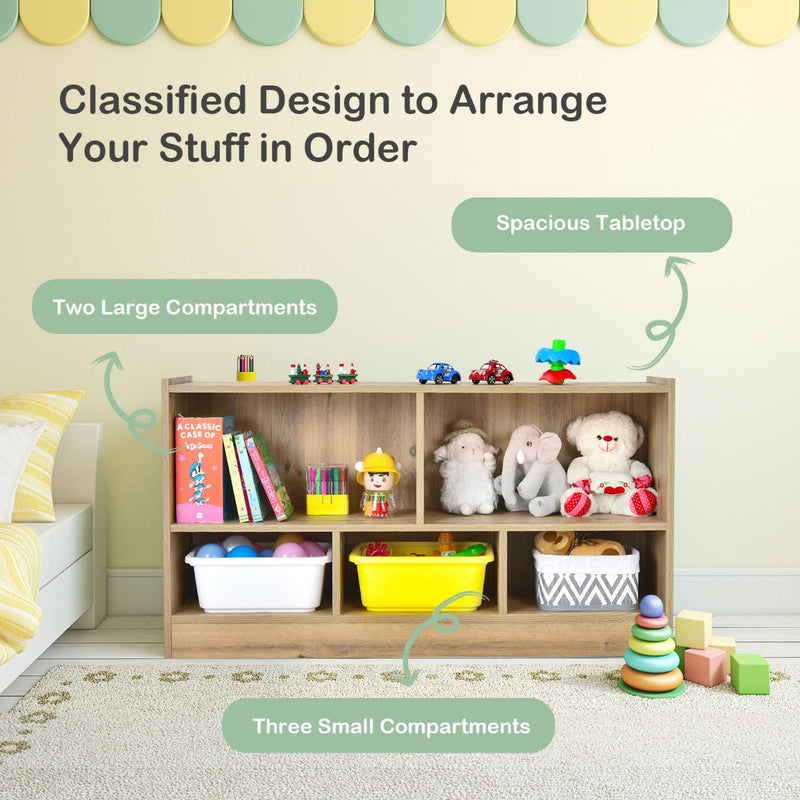 2-Tier Wooden Bookcase - Kids' Storage with 5 Compartments, Ideal for Playroom or Study Area - Solves Space Organization Problems