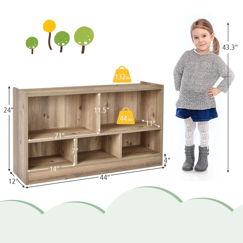 2-Tier Wooden Bookcase - Kids' Storage with 5 Compartments, Ideal for Playroom or Study Area - Solves Space Organization Problems