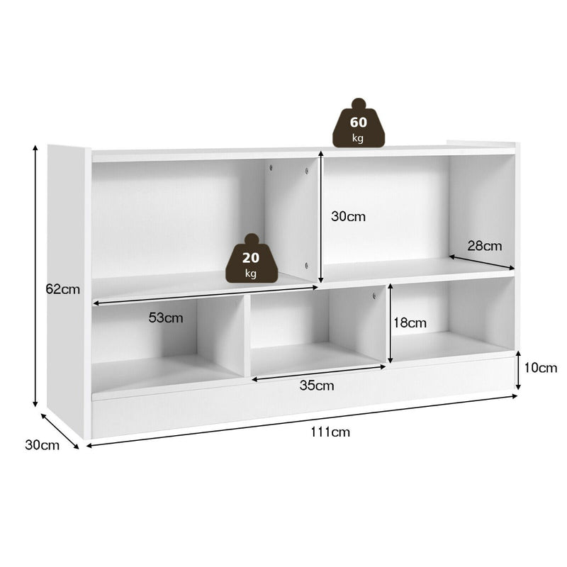 2-Tier Wooden Bookcase - Kids' Storage with 5 Compartments, Ideal for Playroom or Study Area - Solves Space Organization Problems