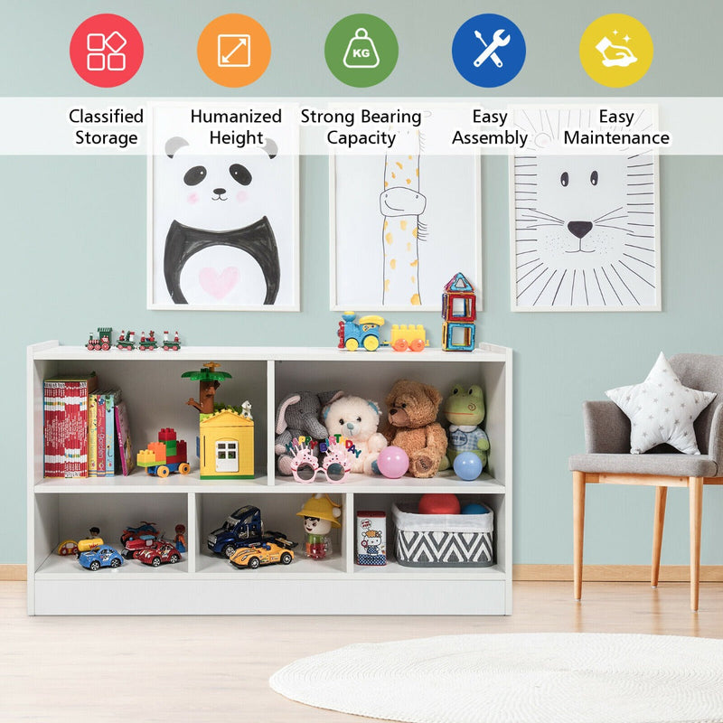 2-Tier Wooden Bookcase - Kids' Storage with 5 Compartments, Ideal for Playroom or Study Area - Solves Space Organization Problems