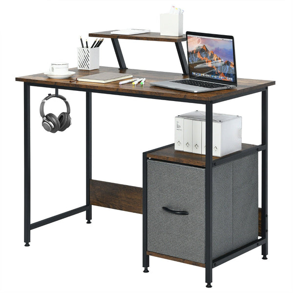 Industrial Computer Desk - with Side Storage Drawer and Monitor Stand - Ideal for Home Office and Work Stations