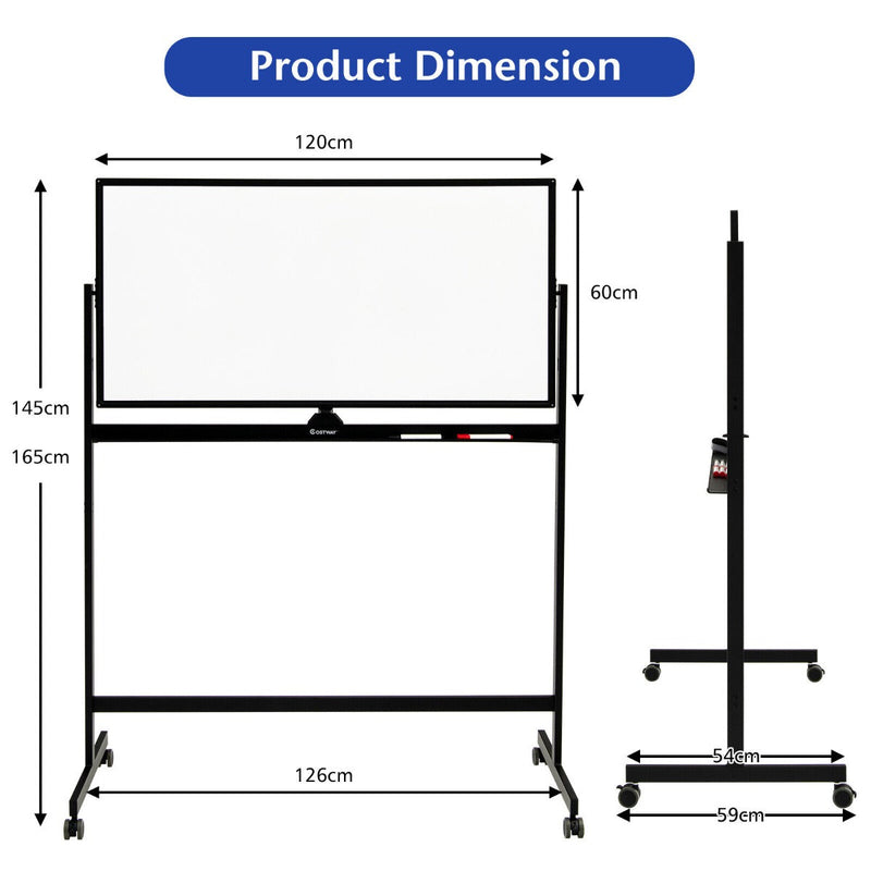 Mobile Whiteboard Double-Sided Magnetic - Includes Magnets, Pens and Eraser, Black - Ideal for Classroom and Office Use