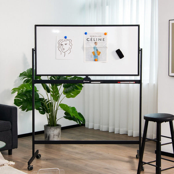 Mobile Whiteboard Double-Sided Magnetic - Includes Magnets, Pens and Eraser, Black - Ideal for Classroom and Office Use