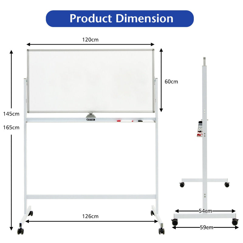 Mobile Whiteboard Double-Sided Magnetic - Includes Magnets, Pens and Eraser, Black - Ideal for Classroom and Office Use