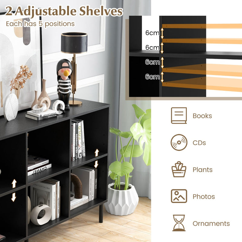 Wooden Storage Bookcase 6-Cube Model - Open Shelving Unit with 5 Black Metal Legs - Ideal for Displaying Books and Solving Storage Problems