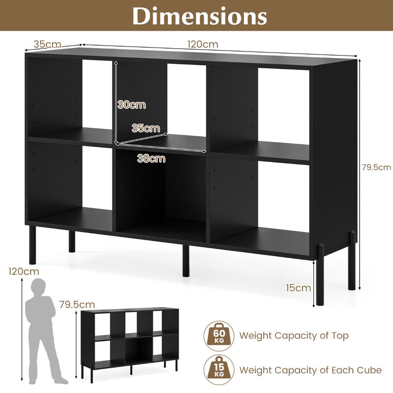 Wooden Storage Bookcase 6-Cube Model - Open Shelving Unit with 5 Black Metal Legs - Ideal for Displaying Books and Solving Storage Problems