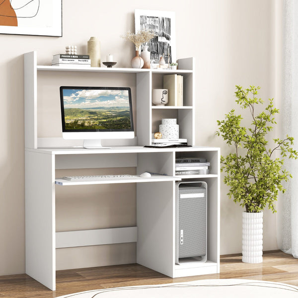 White Computer Desk Featuring Storage Shelf - Ideal for Home Office Organisation