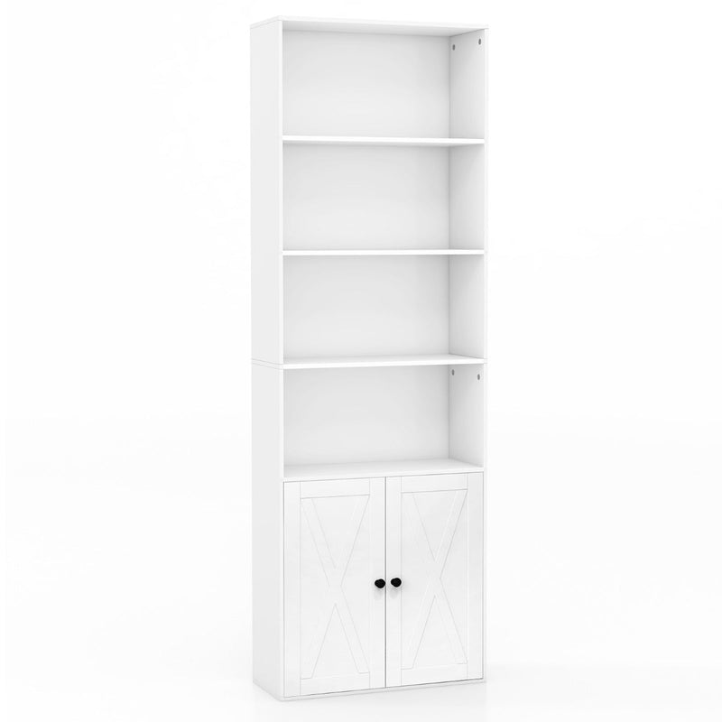 6-Tier Freestanding Bookcase with Farmhouse Style Cabinet Doors-White