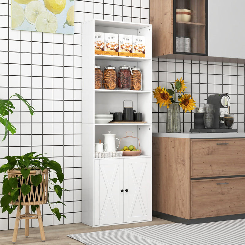 6-Tier Freestanding Bookcase with Farmhouse Style Cabinet Doors-White