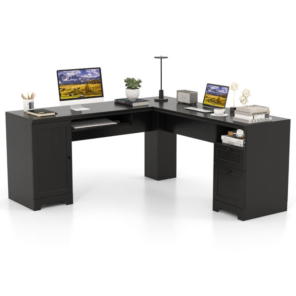 L-Shaped Desk - Computer Desk with Drawers, Cabinet, Keyboard Tray in Black - Ideal for Home Office or Study Area