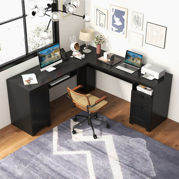 L-Shaped Desk - Computer Desk with Drawers, Cabinet, Keyboard Tray in Black - Ideal for Home Office or Study Area