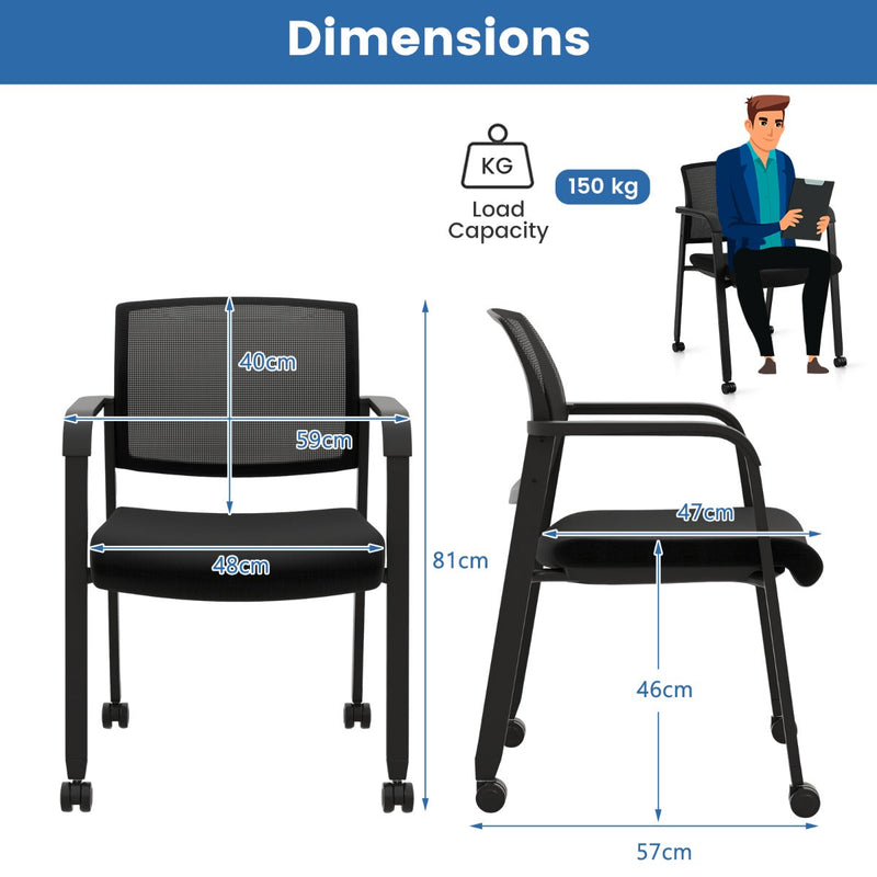 Set of 2 Waiting Room Chairs - Black, with Armrests and Easy-Move Wheels - Perfect for Office Reception Spaces