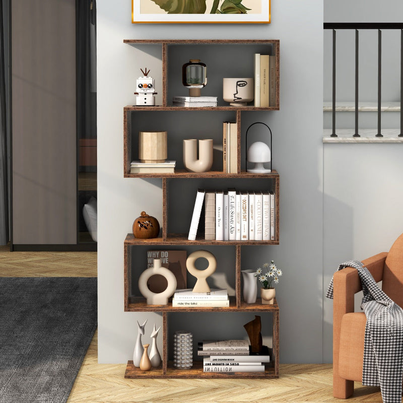 Geometric S-Shaped Bookcase - Anti-Toppling Feature, Suitable for Home Office, Living Room - Perfect for Minimalist White Interiors